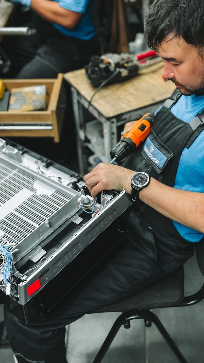 Home Focused technician working with tools on electronic equipment in indoor workshop setting.