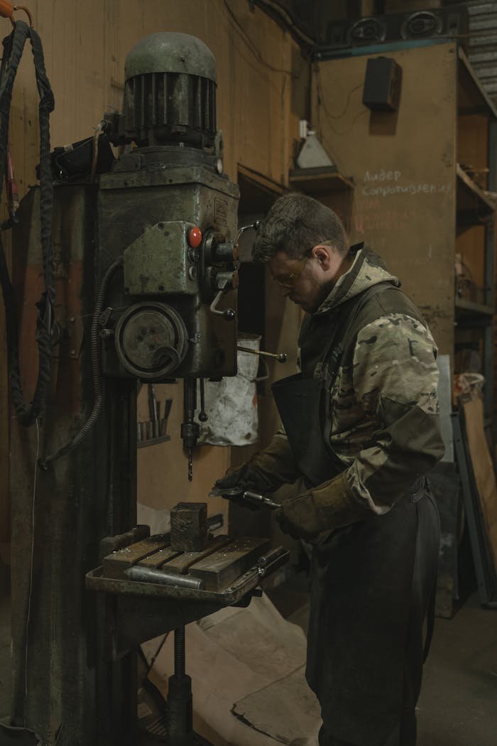 Services A skilled metalworker uses an industrial drill in a dimly lit workshop setting.